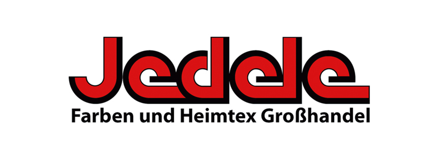 Logo der Firma Jedele: rot-schwarzer Schriftzug auf weißem Grund
