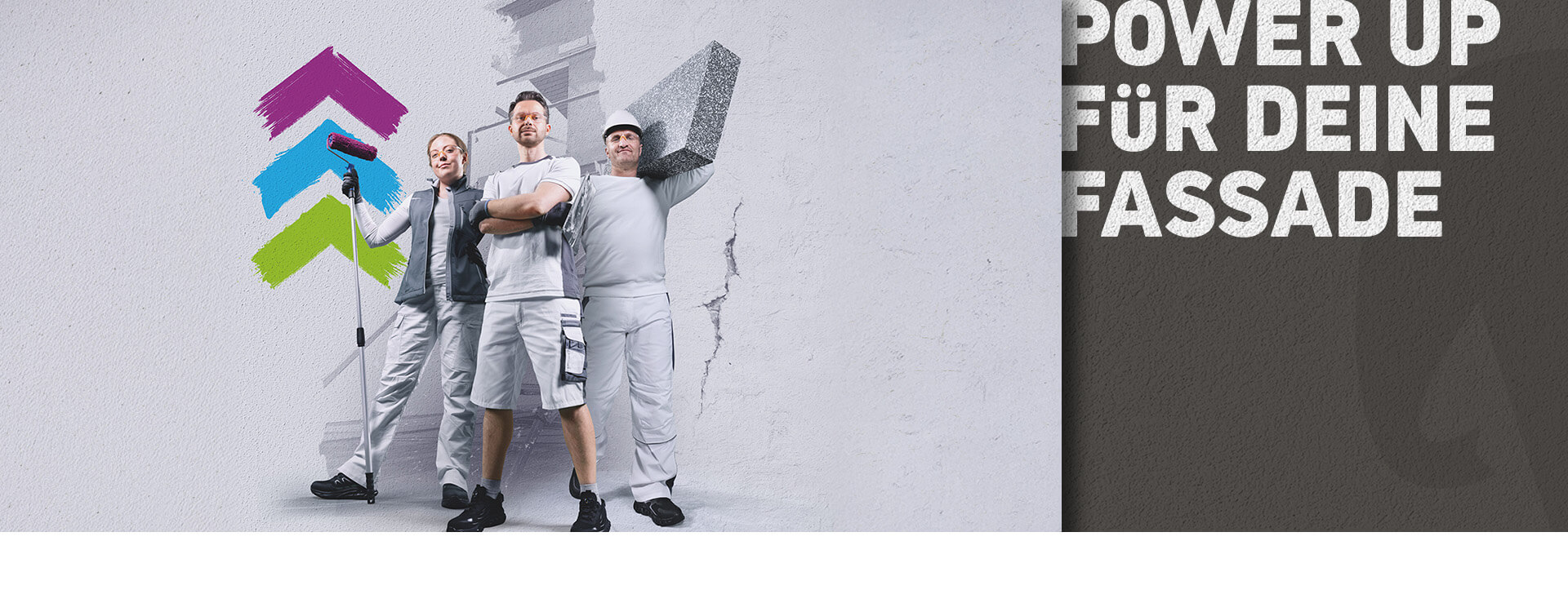 Keyvisual drei Helden mit Malerin und zwei Malern mit verschränkten Händen sowie bunten Pfeilen.