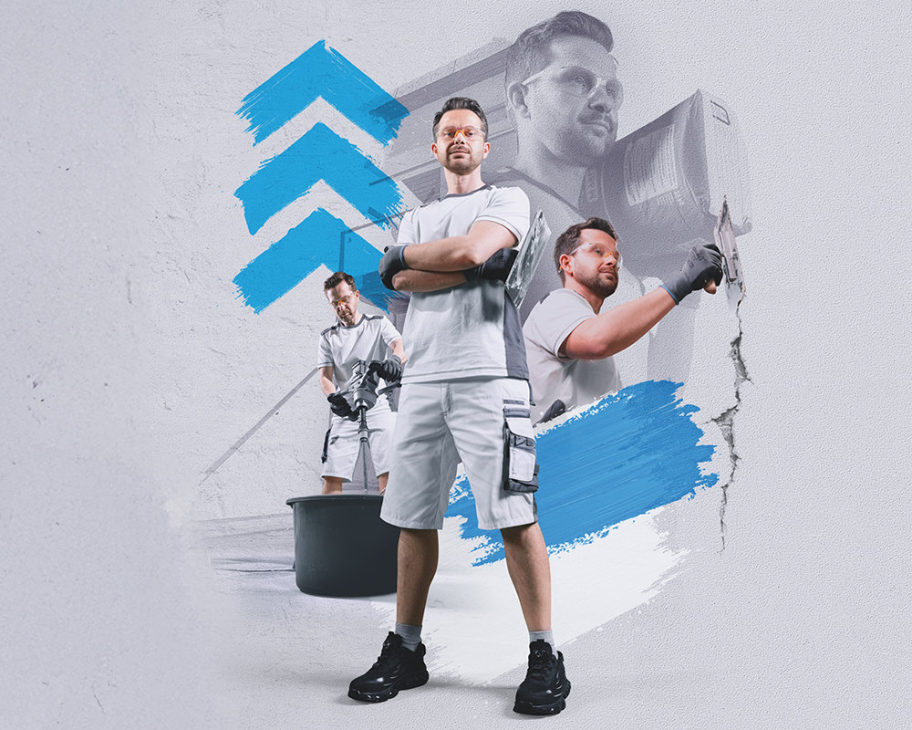 3 blaue Pfeile und Collage eines Arbeiters in weißer Kleidung