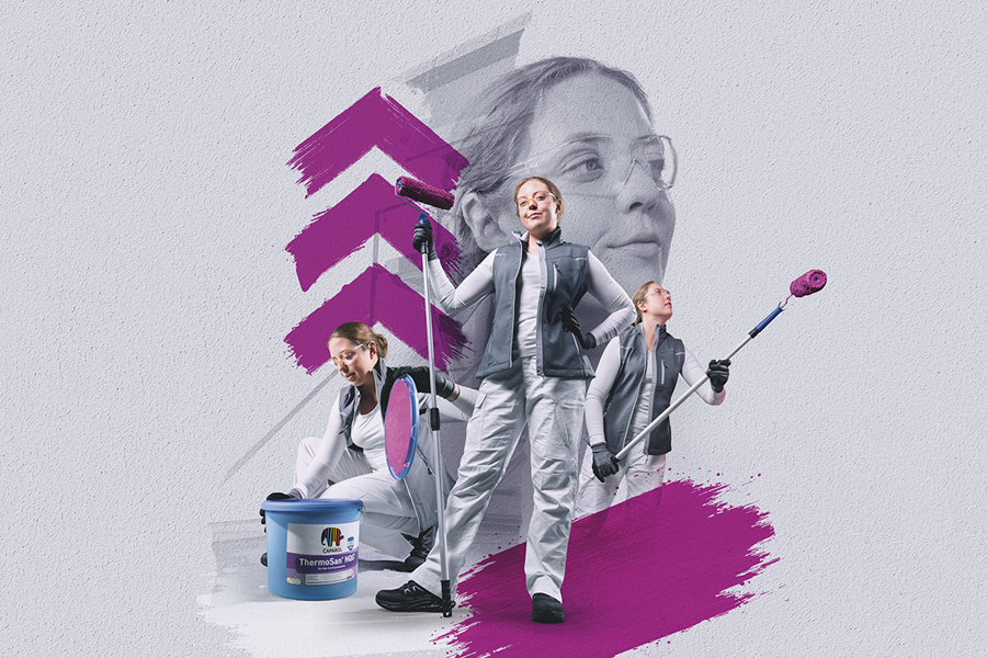 3 pinke Pfeile und Collage einer Malerin in weißer Kleidung und grauer Weste