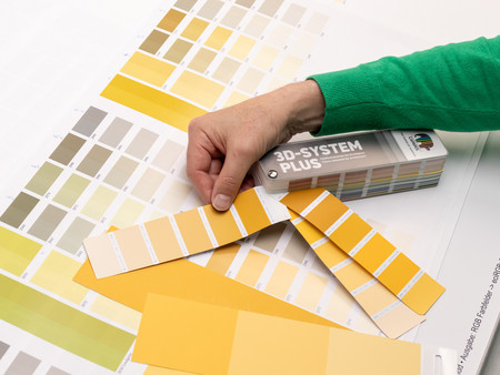 Prüfung der gedruckten Farbtöne mit CAPAROL Farbfächer unter Normlicht