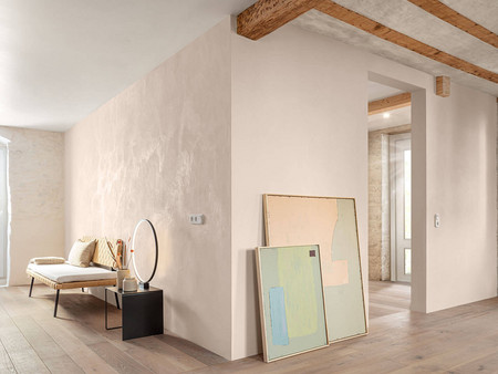Wand: Histolith® Innenkalk Weiß<br>
Wand: Calcino Romantico 3D Siena 60
