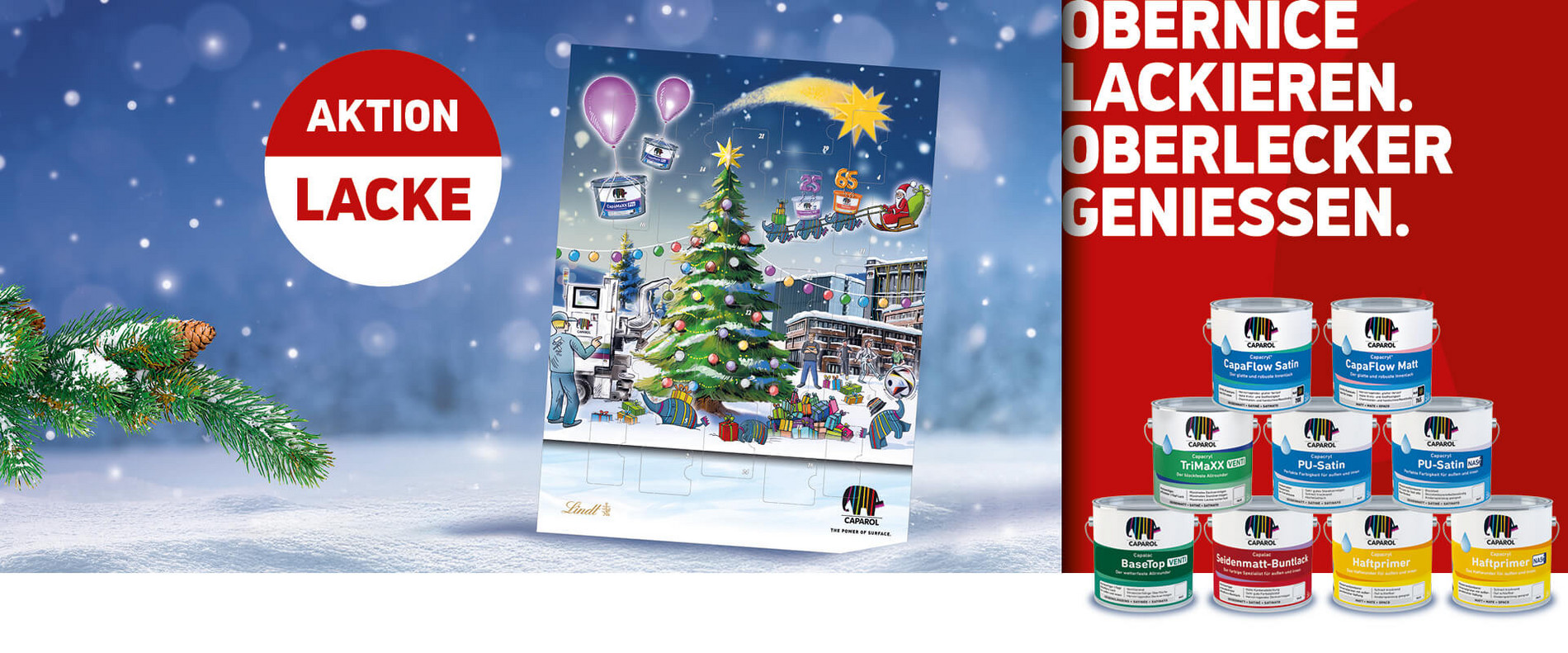 Caparol Adventskalender-Aktionsbanner mit Weihnachtsmotiv, Lack-Gebinde, rotem Sticker und Text: „Obernice Lackieren. Oberlecker genießen.“