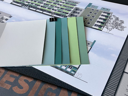 Visualisierung FarbDesignStudio Musterkonzept, Farbtafeln auf technischer Zeichnung