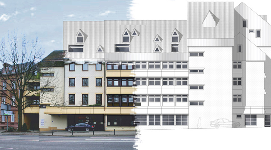 Ansicht Entwurf Gebäude links realistisch eingefärbt und rechts noch als Zeichnung