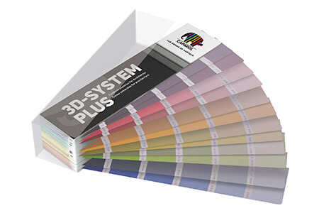 Farbfächer mit dem Titel '3D-SYSTEM PLUS' von Caparol, der verschiedene Farbtöne in einem fächerförmigen Layout zeigt