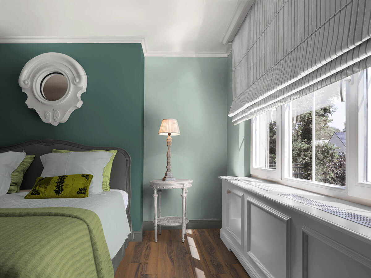 Ton-in-Ton mit starkem Kontrast für Lebendigkeit im Schlafzimmer | 3D Patina 70, 3D Mint 55