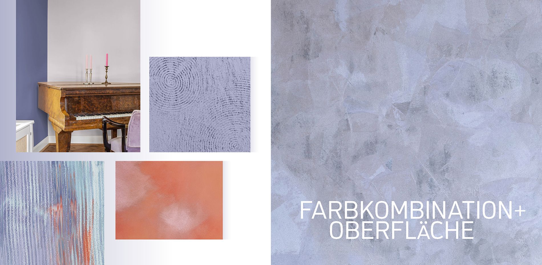 Collage aus Innenarchitekturelementen, Texturen und Farbfeldern mit dem Text „FARBKOMBINATION+OBERFLÄCHE=RAUM-DESIGN“