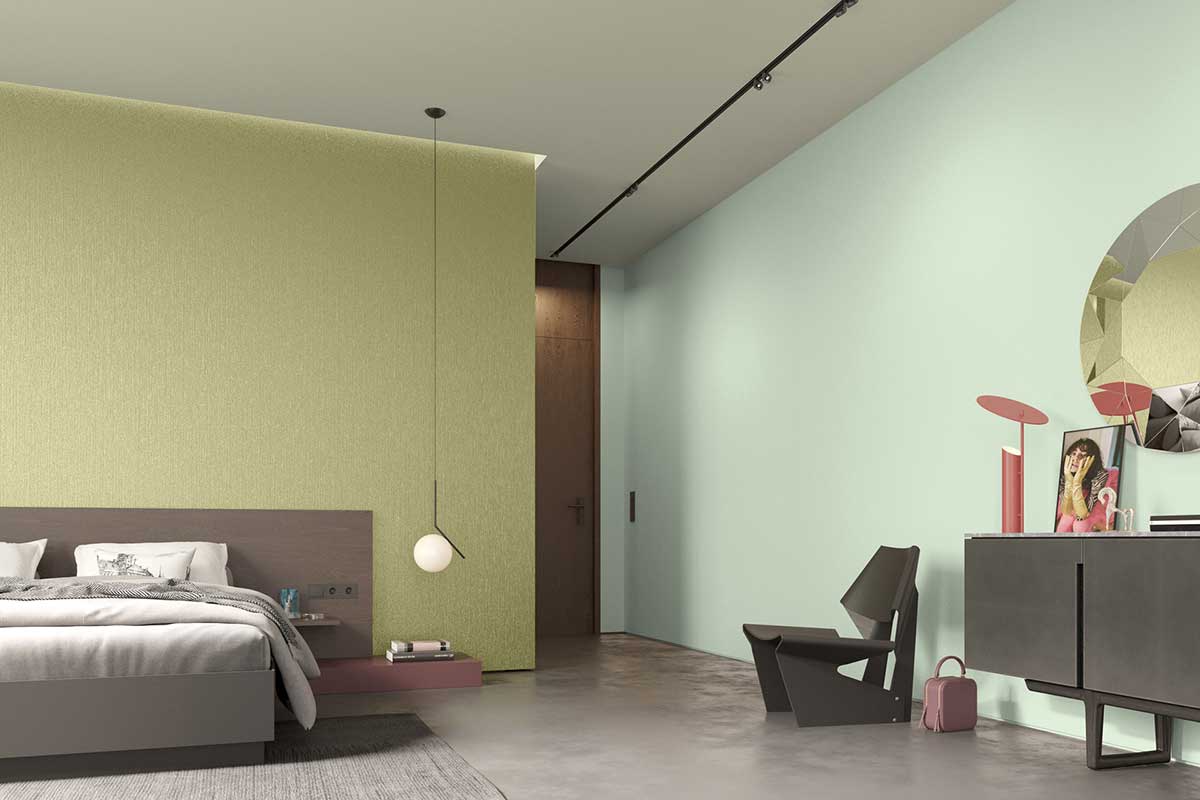 Schlafzimmer in frischer, regenerierender Farbkombination aus 3D Agave 115, 3D Palazzo 65, Metallocryl 3D Tundra 80 und 3D Jade 85.