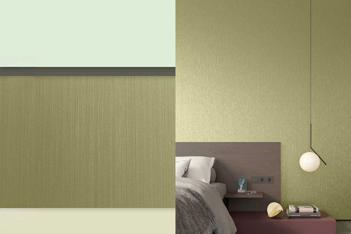 Detailansicht Schlafzimmer und Oberfläche in der frischen, regenerierenden Farbkombination aus 3D Agave 115, 3D Palazzo 65, Metallocryl 3D Tundra 80 und 3D Jade 85