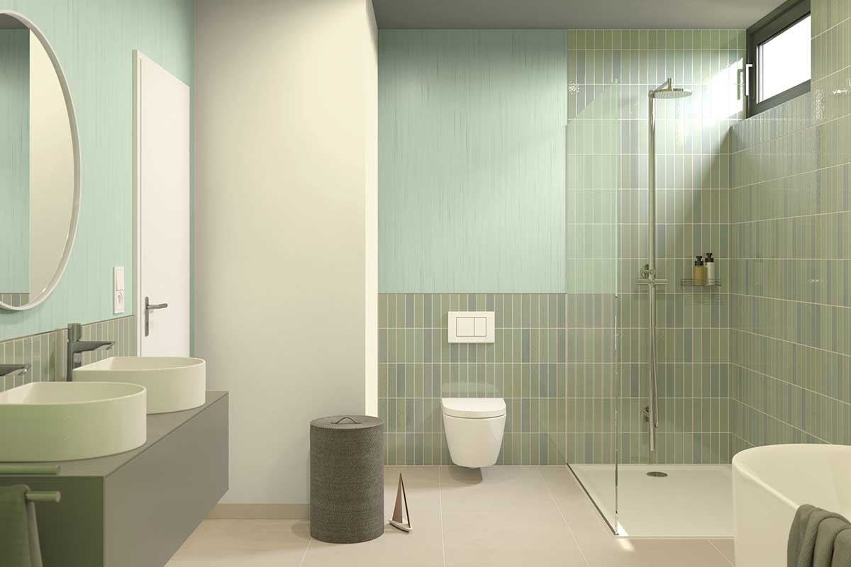Badezimmer in leichter, entspannender Farbkombination aus 3D Agave 115, Metallocryl 3D Tundra 80, 3D Jade 85 und 3D Marill 55