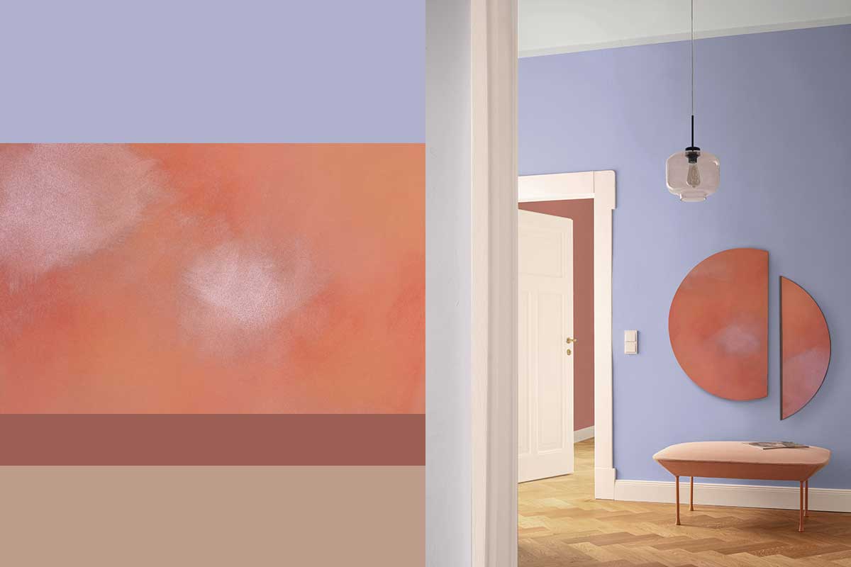 Detailansicht eines einladenden Eingangsbereichs mit weicher Farbkombination aus 3D Lavendel 105, Antik Aquarell in 3D Cameo 155, 3D Magma 40 und 3D Papaya 50