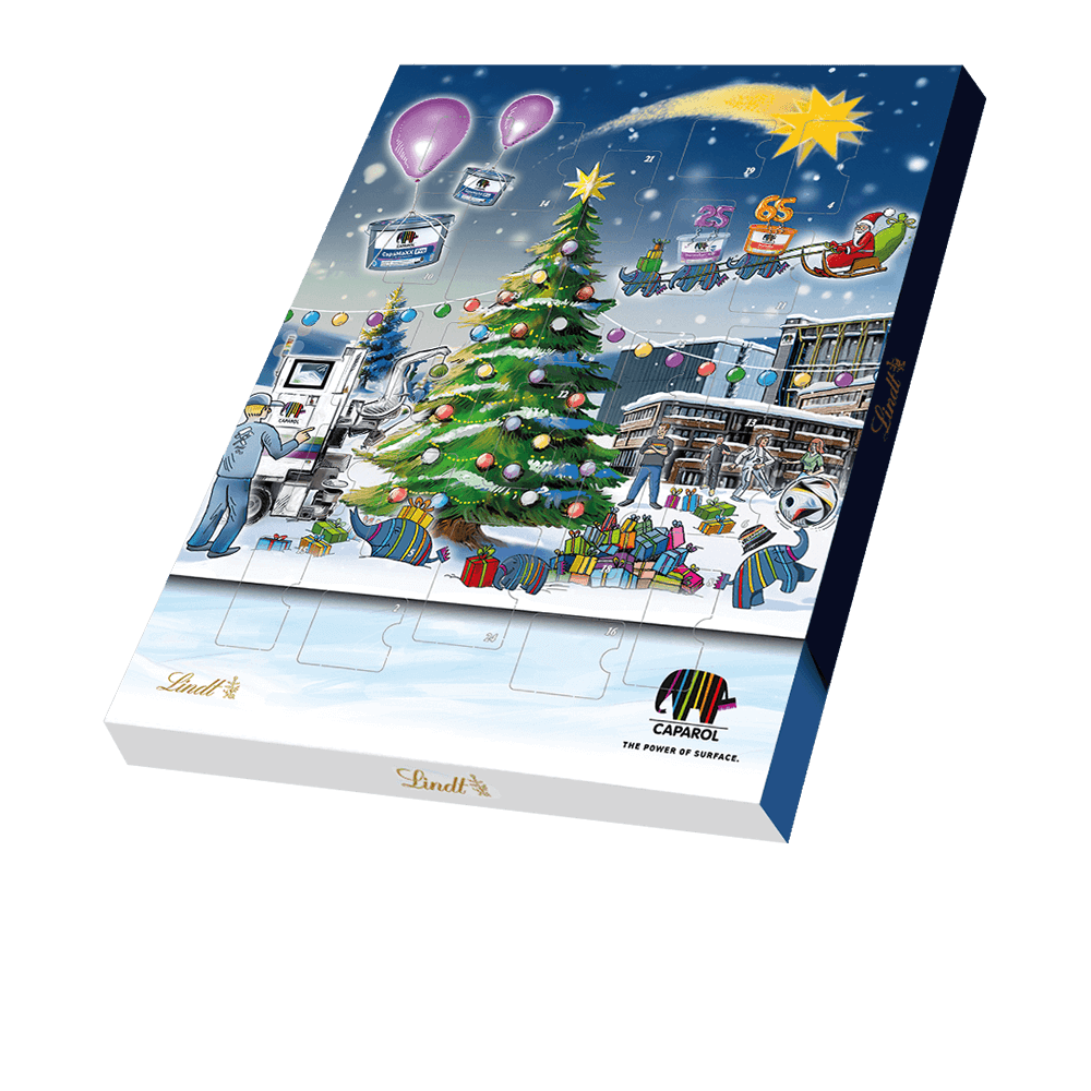 Caparol Lindt Adventskalender 2025 mit Weihnachtsmotiv.