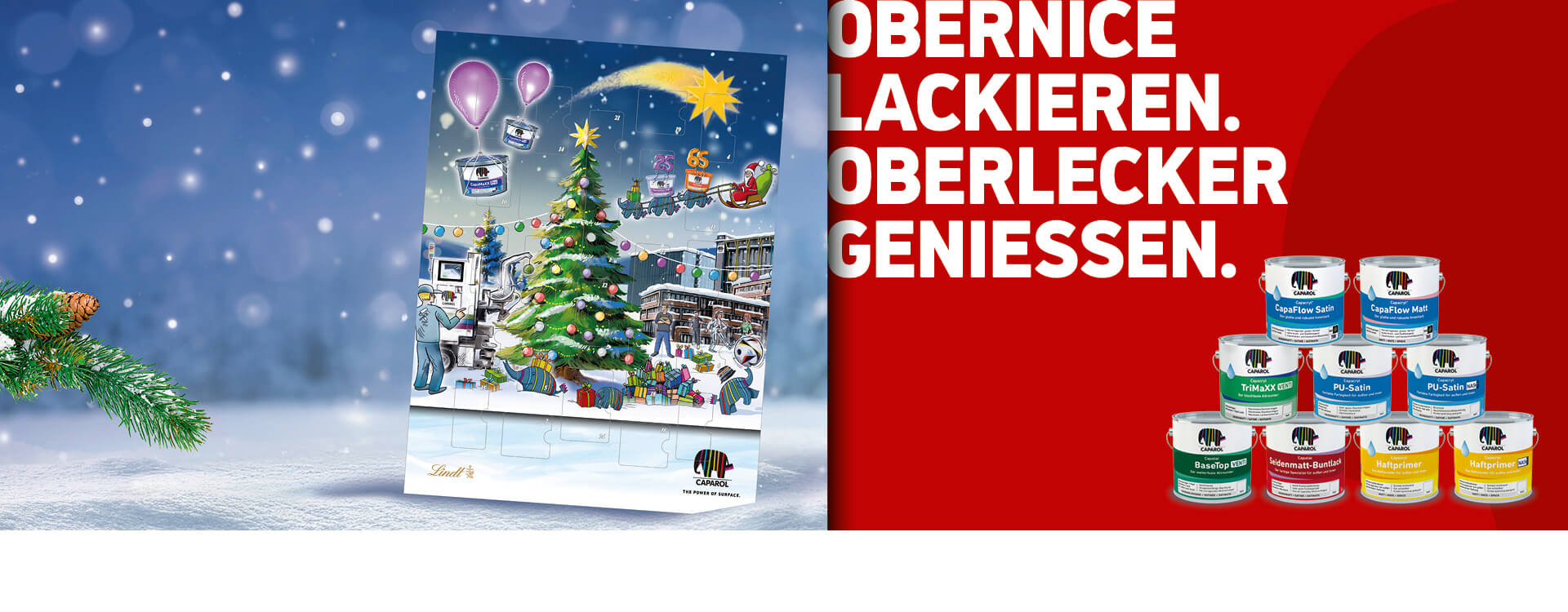 Caparol Adventskalender-Aktionsbanner mit Weihnachtsmotiv, Lack-Gebinde, rotem Sticker und Text: „Obernice Lackieren. Oberlecker genießen.“