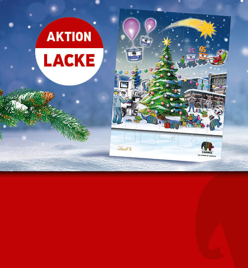 Caparol Adventskalender-Aktionsbanner mit Weihnachtsmotiv, Lack-Gebinde, rotem Sticker.