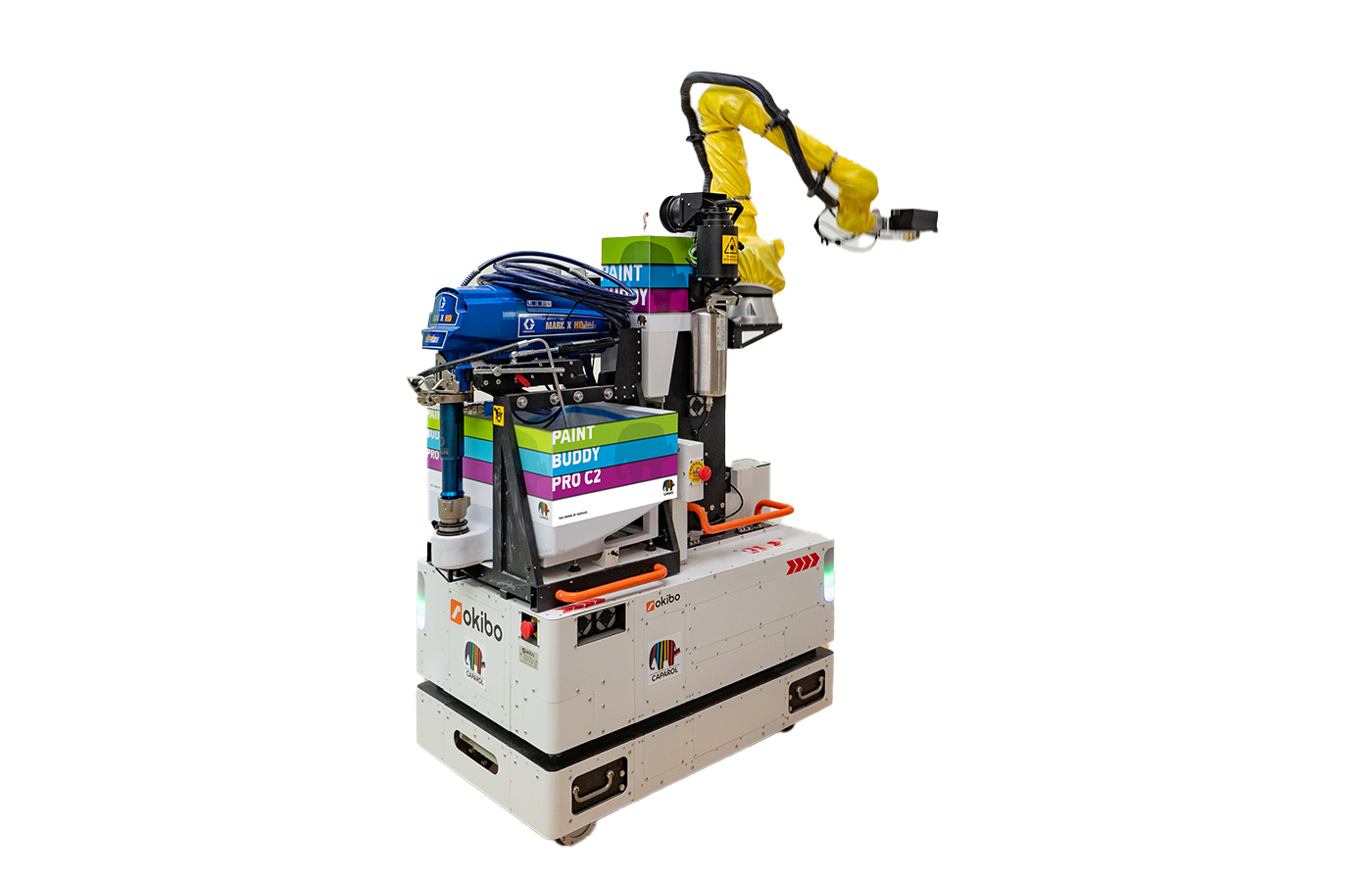 Bunter Paint Buddy Pro C2 für den Wohnbau mit Sprüharm auf weißer Fläche.