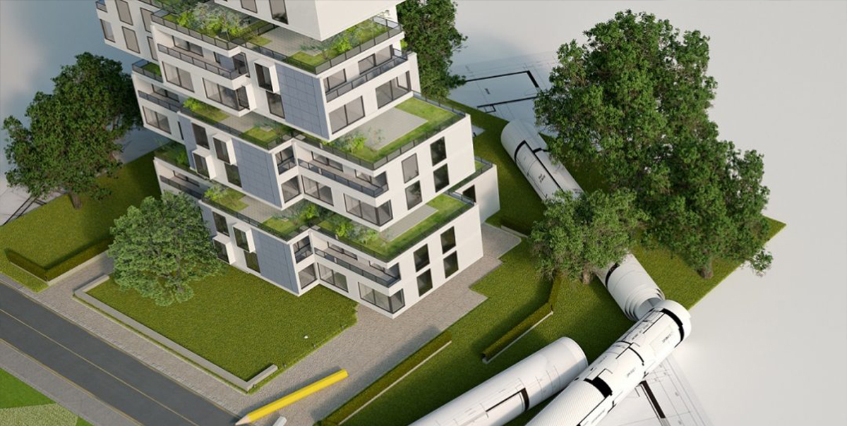 Wissensforum Motiv mit Haus-Planungs Modell umgeben von Grünflächen, Bäumen und architektonischen Plänen.