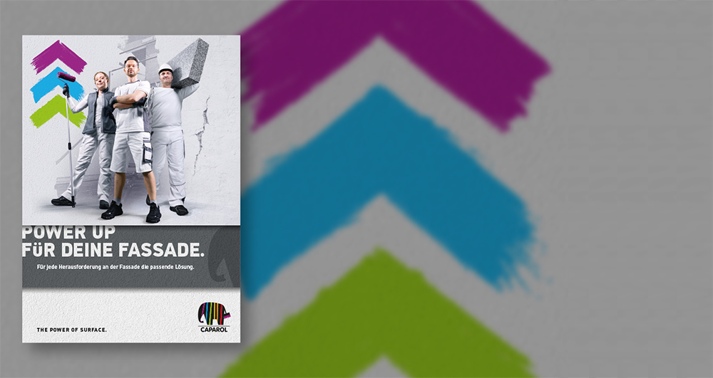 Power-up Thumbnail mit bunten Pfeilen und Broschürencover mit Malern.