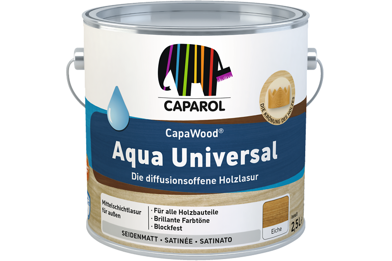 CapaWood Aqua Universal Farbgebinde in Blau mit Caparol-Elefantenlogo.