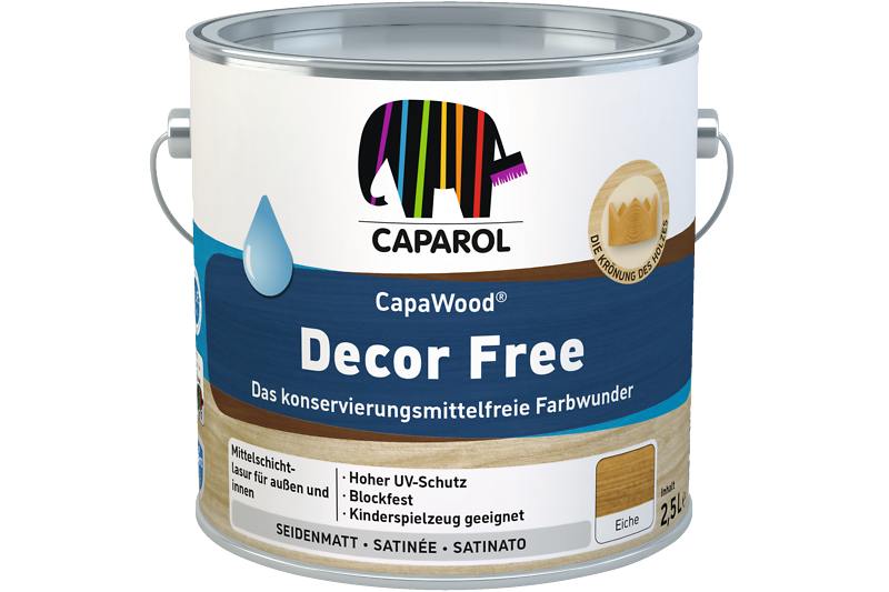 CapaWood Decor Free Farbgebinde in Blau mit Caparol-Elefantenlogo.