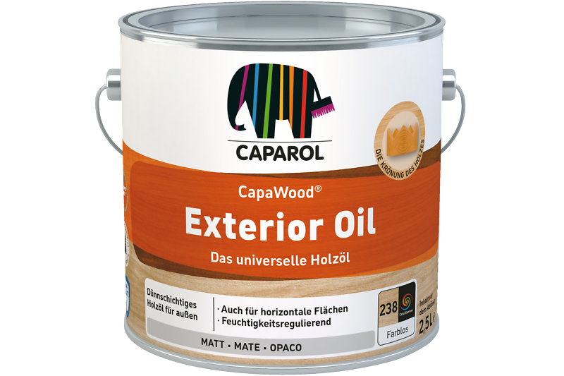CapaWood Exterior Oil Farbgebinde in Orange mit Caparol-Elefantenlogo.