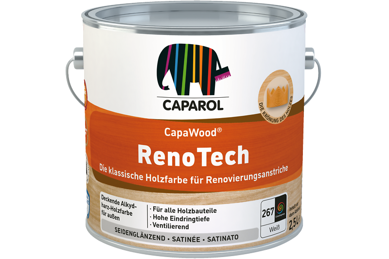 CapaWood Reno Tech Farbgebinde in Orange mit Caparol-Elefantenlogo.