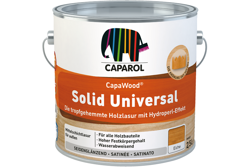 CapaWood Solid Universal Farbgebinde in Orange mit Caparol-Elefantenlogo.