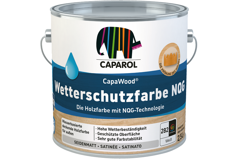 CapaWood Wetterschutzfarbe NQG Farbgebinde in Blau mit Caparol-Elefantenlogo.