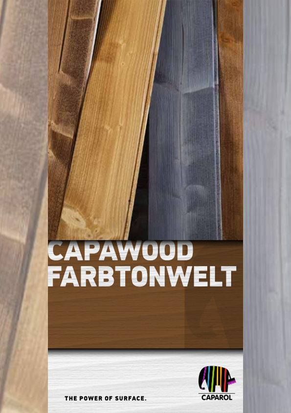 CapaWood Farbtonwelt Broschüren Thumbnail mit Holzbrettern in verschiedenen Lackierungen.