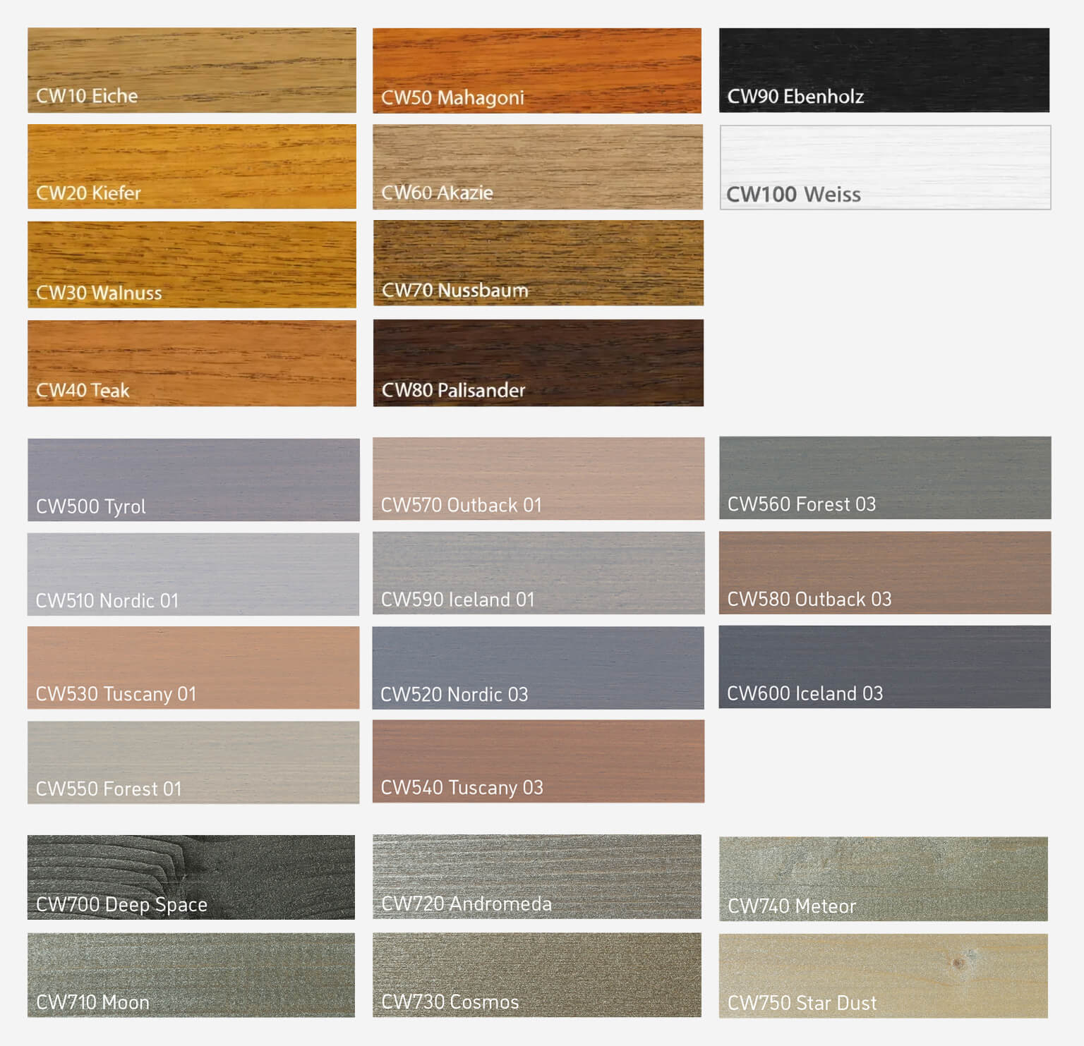 Caparol CapaWood Farbtonübersicht der Lasuren und Lacken.