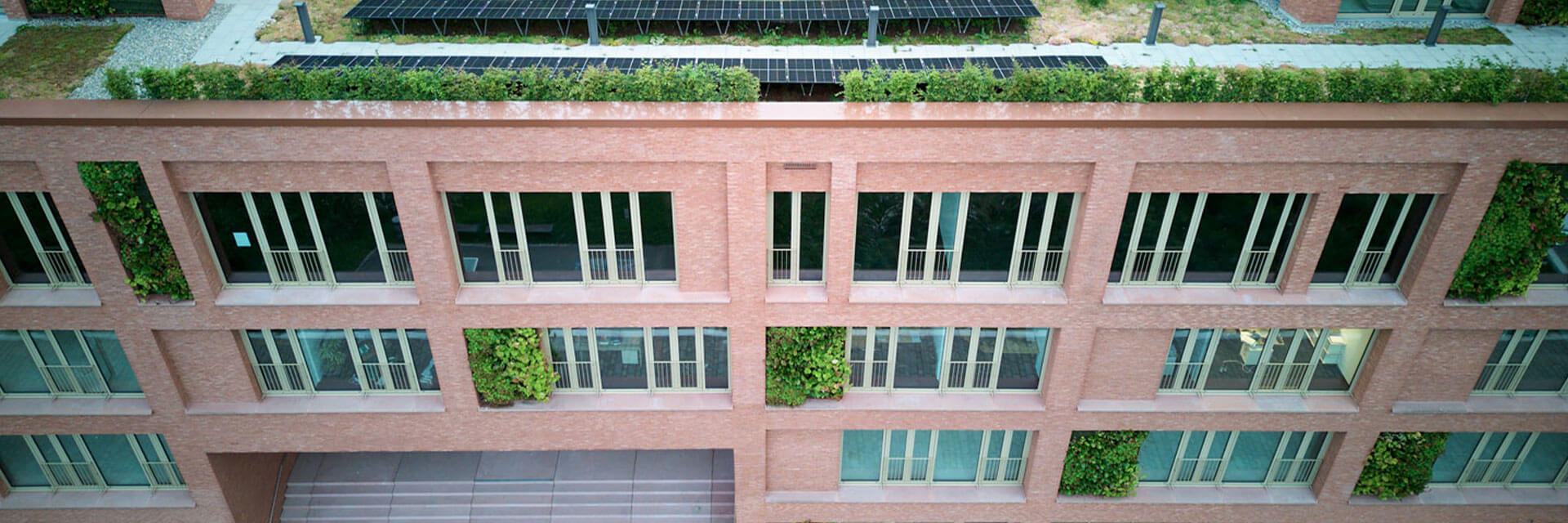 Blick von oben auf das begrünte Dach des Quartiers Q8 Neckarpark in Stuttgart mit Wohnbauten und Gewerbeflächen.