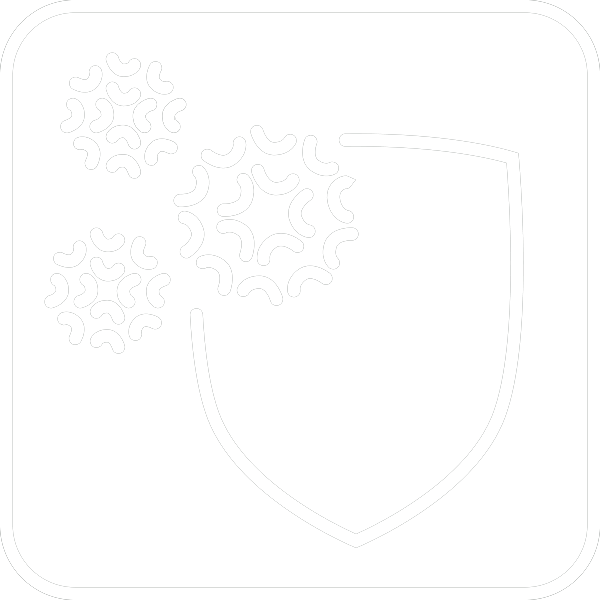 Weißes Schild-Icon mit Partikeln als Symbol für Schutz vor Algen- und Pilzbefall