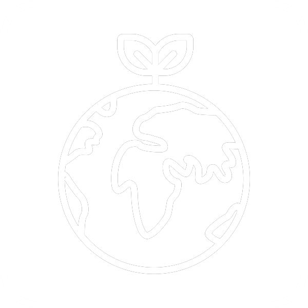 Weißes Weltkugel-Icon mit Pflänzchen als Symbol für 40 % recycelte Rohstoffe