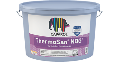 Kunststoffeimer mit Deckel und Aufdruck "ThermoSan NQG" von Caparol, violetter Etikett mit buntem Elefanten-Logo und Produktinformationen