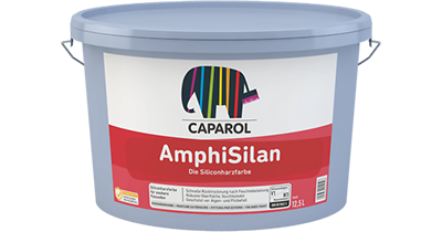 Eimer mit der Aufschrift 'CAPAROL AmphiSilan Die Siliconharzfarbe' und einem bunten Elefanten-Logo auf dem Deckel und Vorderseite.
