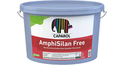Weißer Eimer mit Deckel und Griffen, darauf ein Etikett mit dem Caparol-Logo (bunter Elefant) und der Aufschrift 'AmphiSilan Free' sowie Produktinformationen zu einer silikonbasierten Außenfarbe ohne bioziden Filmschutz in der Größe 12,5 Liter