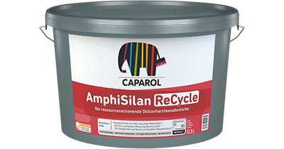Eimer mit Caparol-Logo und Aufschrift 'AmphiSilan ReCycle' für ressourcenschonende Siliconharzfassadenfarbe mit 12,5 Litern Inhalt