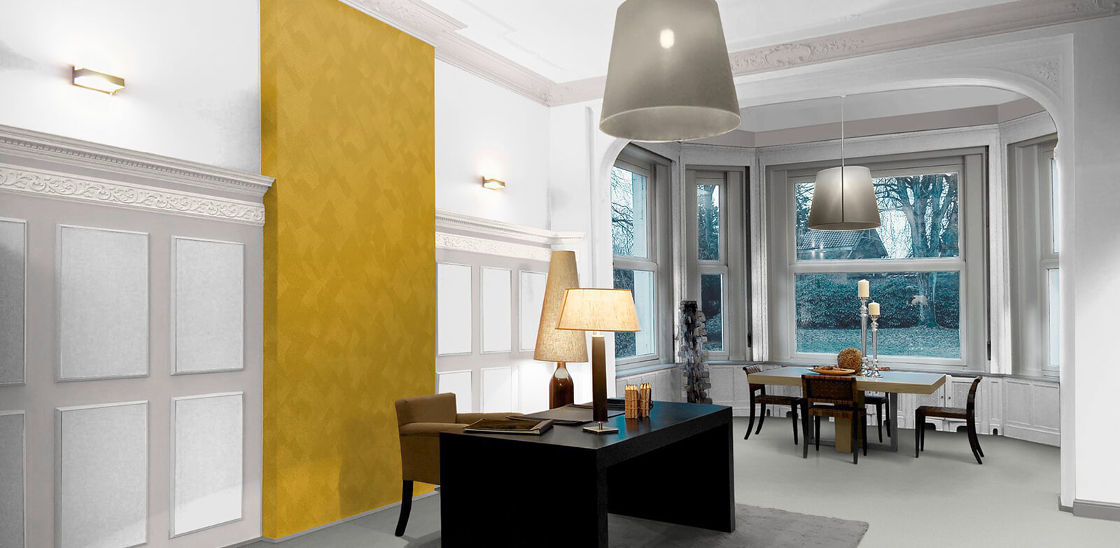 Historische Villa: klare und hochwertige Anmutung mit Weiß und Gold | Caparol 3D Marmorweiß und Metallocryl Curry 95