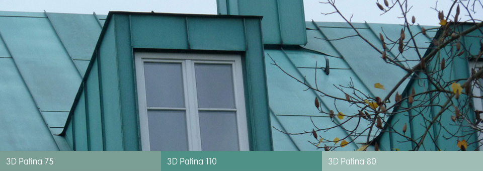 Die Farbvielfalt von Kupfer: 3D Patina 75, 3D Patina 110, 3D Patina 80