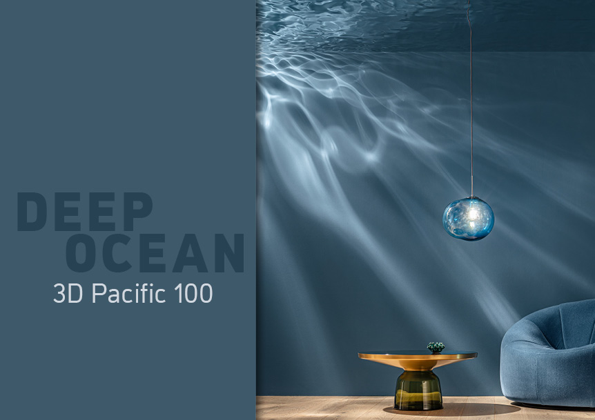  Eine stilvolle Inneneinrichtung mit einem gemütlichen blauen Sessel und einem kleinen Tisch. An der Seite steht der Text "DEEP OCEAN 3D Pacific 100."